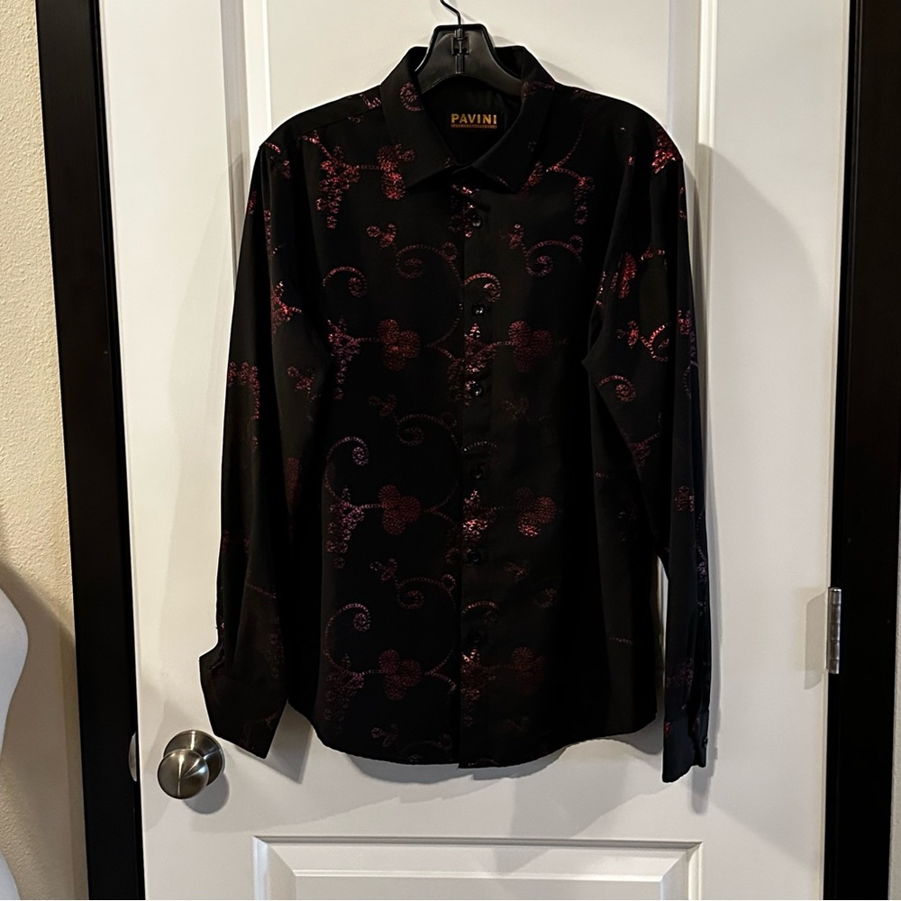 Pavini Men’s Black Dress Shirt w/ Red Abstract Pattern – Size Tag Missing L
